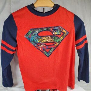 DC Comics Red & Blue Stripe Superman T-Shirt Long Superhero Tee Shirt Size M